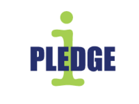 large, green, lower case letter i behind smaller, navy blue, all-caps letters spelling the word pledge 