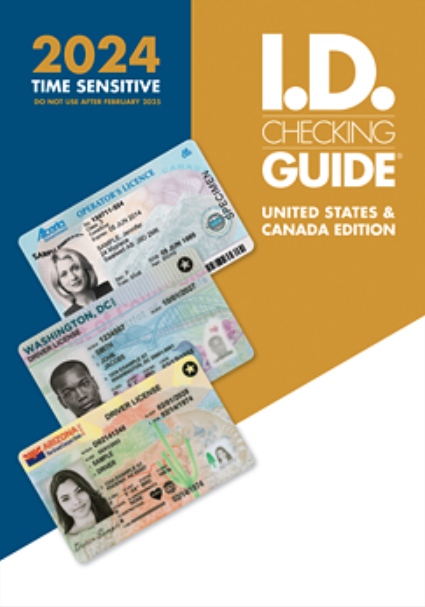 front of ID checking guide brochure, showing the year 2024 with photo examples of various id cards